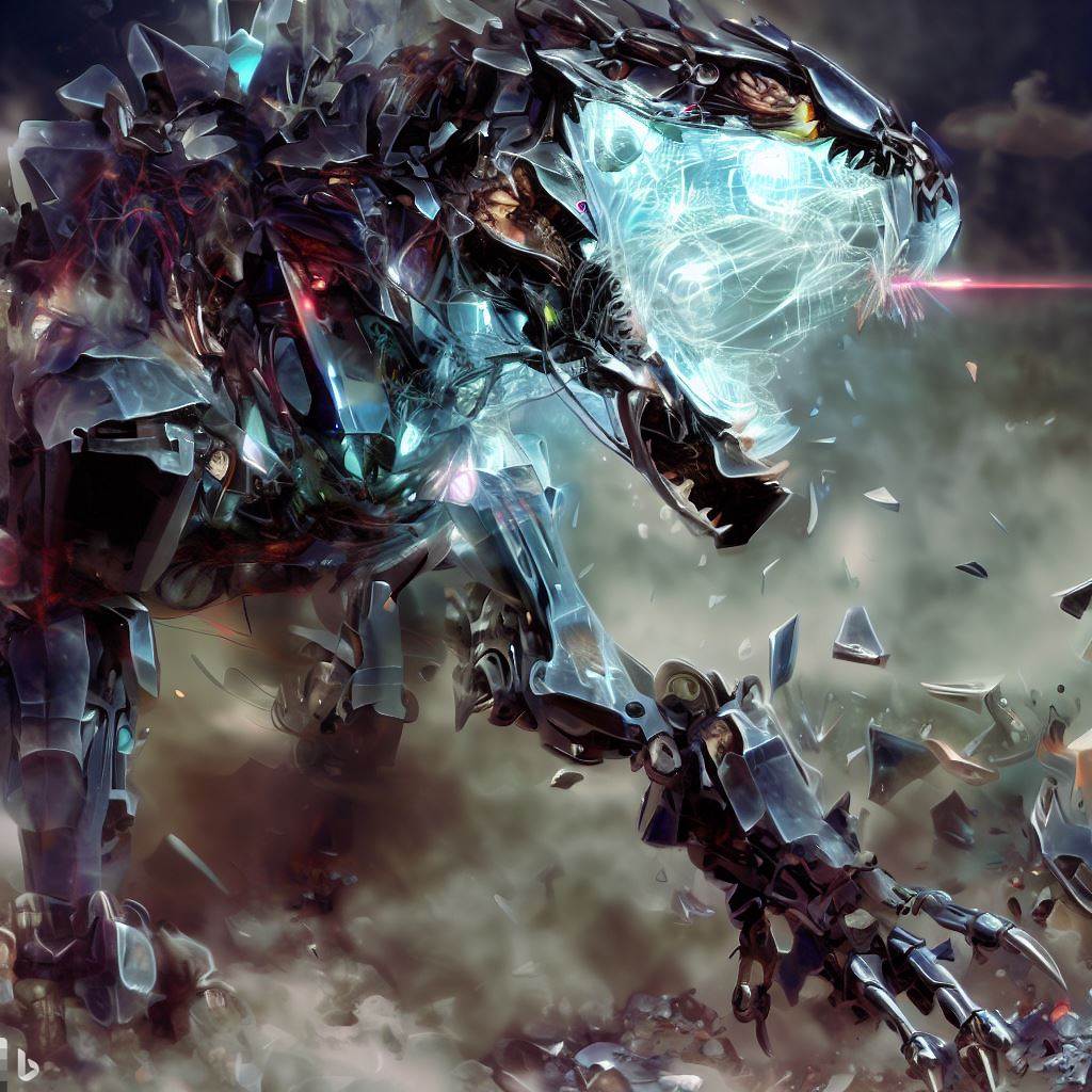 futuristic dinosaur mech with shattered glass body and glowing eyes being hunted while fighting, detailed smoke and clouds, bloom, h.r. giger style 1.jpg